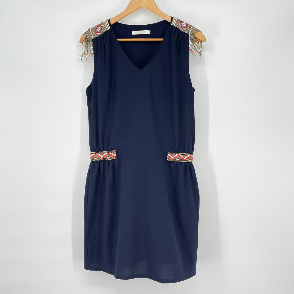 See U Soon Navy Blue Beaded Aztec‎ Southwestern Sleeveless Mini Dress Size M